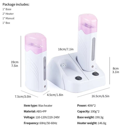 Dual-Base Electric Roll-On Wax Heater - Professional Double Depilatory Warmer Set